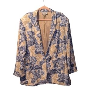 26" Ptp • Vintage August Max • Floral Blue Cream Rayon Linen Blend Blazer